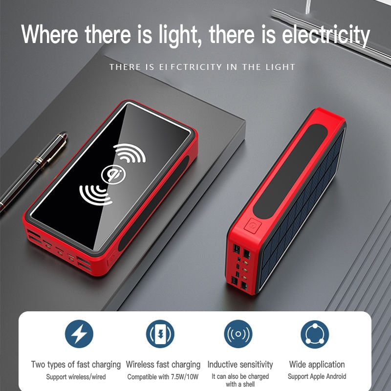 Solar Wireless Power Bank Portable 50000mAh Charger 4 USB Fast Charging