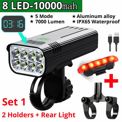 10000mAh Bicycle Light, USB Chargeable Rainproof MTB Bike Light Set With 2 Holders, 7000 Lumens Flashlight