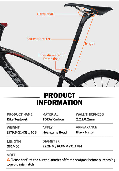 Carbon Seatpost 27.2/30.8/31.6mm Matte Black MTB/Road Bike Seat Post Length 400mm Seat Tube Bicycle Parts