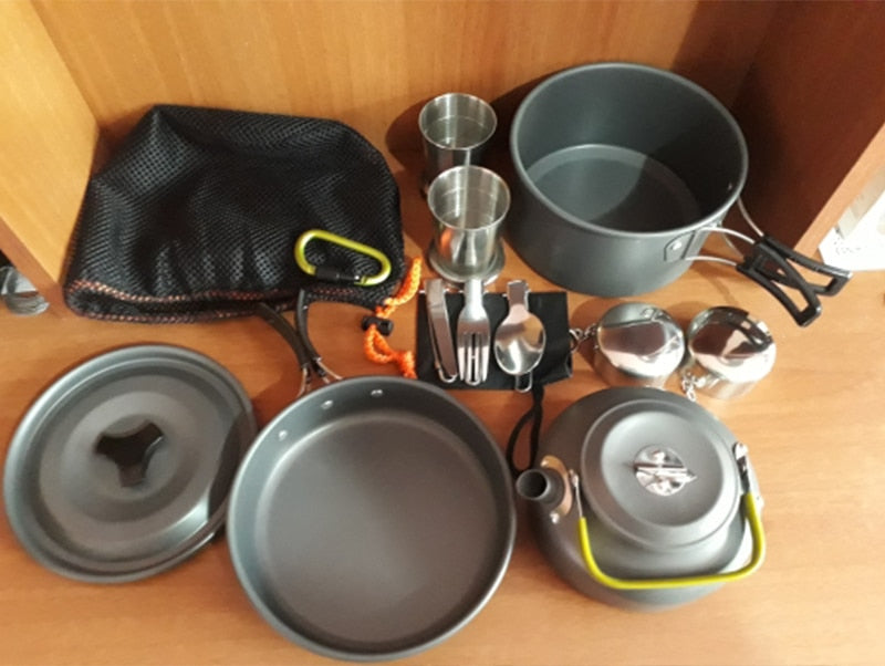 Set of Outdoor Pots and Pans Camping Cookware Picnic Cooking Set Non-stick Tableware with Foldable Spoon, Fork, Knife, Kettle, and Cup