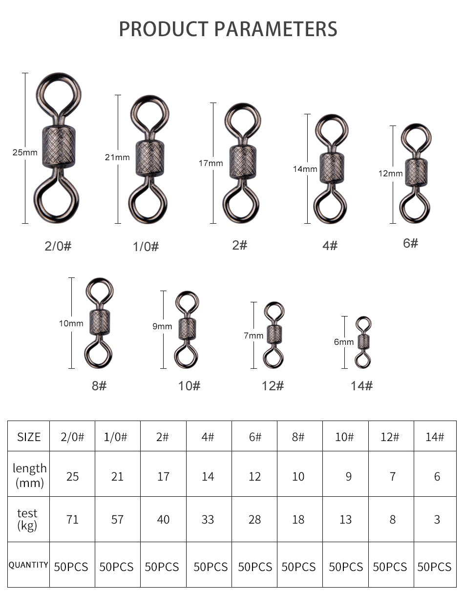 50 PCS/Lot Fishing Swivels with Ball Bearings and Safety