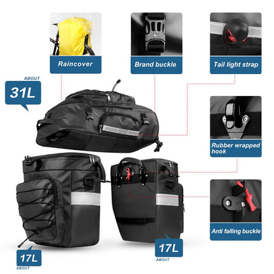 Waterproof 65L Pannier Bag 3 in 1 Bike Rear Seat Bag Big Capacity Cycling Luggage Saddle Backpack