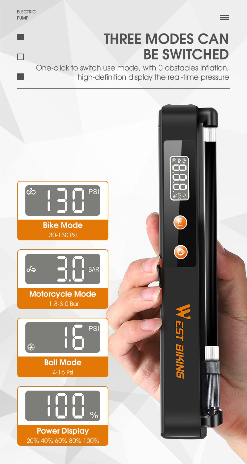 7.4V 1500mAh Electric Bicycle Pump Auto-stop 130 PSI Tire Inflator With Pressure Gauge Rechargeable Bike