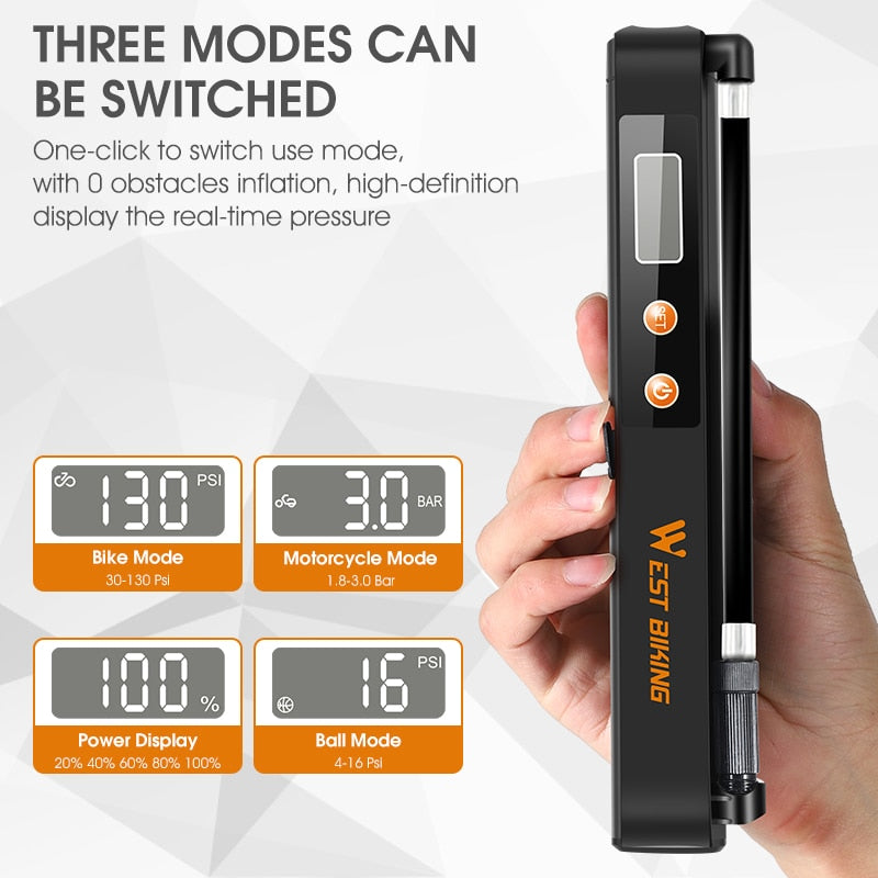 7.4V 1500mAh Electric Bicycle Pump Auto-stop 130 PSI Tire Inflator With Pressure Gauge Rechargeable Bike