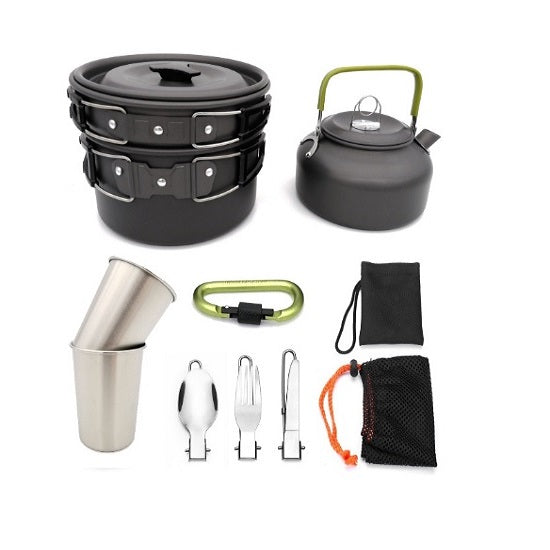 Set of Outdoor Pots and Pans Camping Cookware Picnic Cooking Set Non-stick Tableware with Foldable Spoon, Fork, Knife, Kettle, and Cup